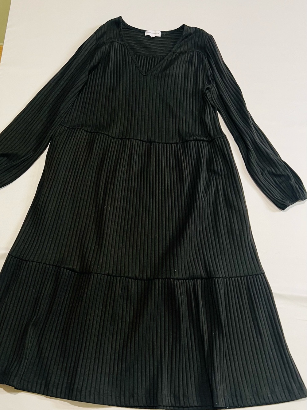 Lost + Wander Black Ribbed V-Neck Long Sleeve Dress